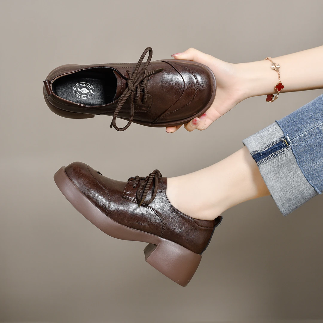 昔子7682新款单鞋高级感高跟鞋厚底系带女鞋春夏复古软底百搭