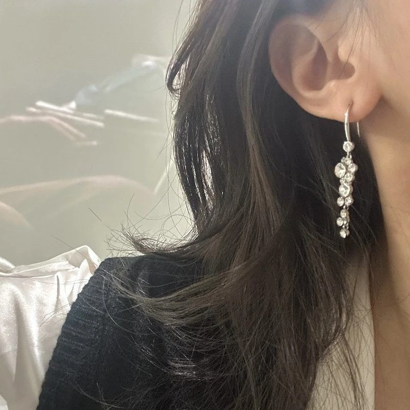 合金仿水晶耳饰 长款气质水晶葡萄流苏耳环女个性小众设计感耳饰