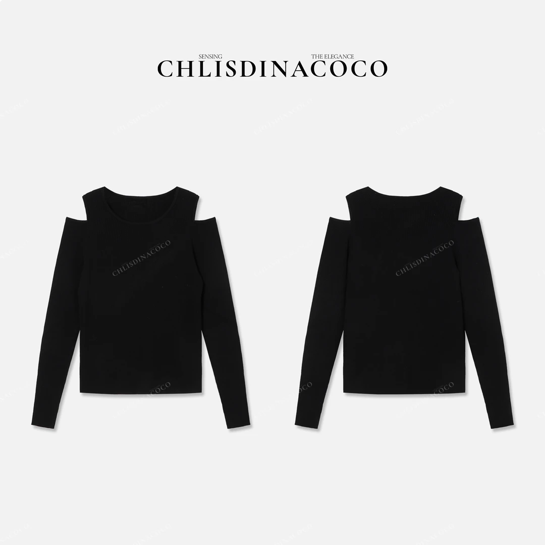 Chlisdinacoco“心夢星辰”漏肩净版圆领长袖T恤C86581CT251