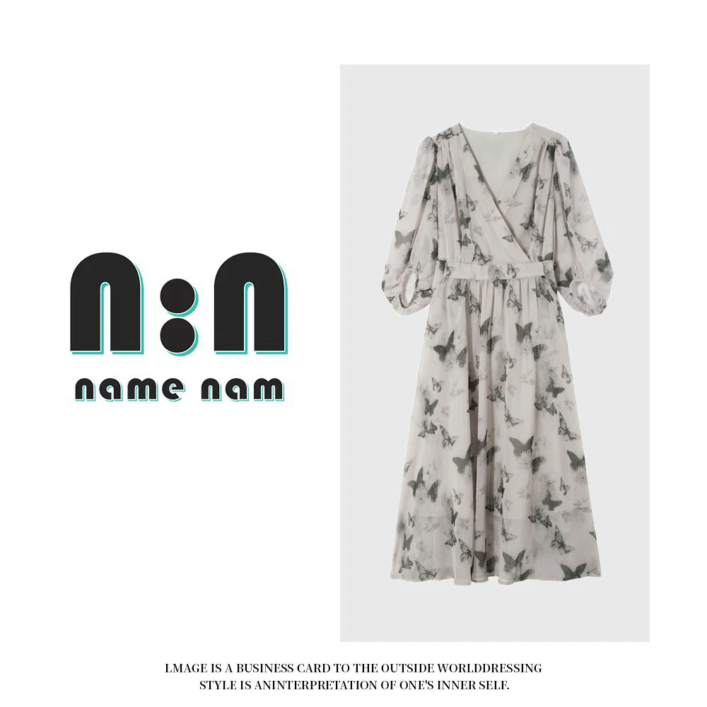 10028蝴蝶花水墨气质连衣裙复古高级感时尚a字裙EJ