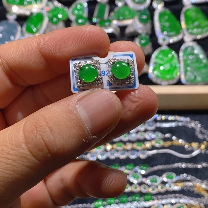 翡翠耳饰银S925镶嵌天然A货翡翠