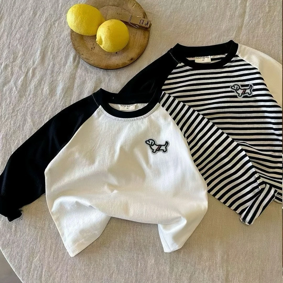 儿童潮牌T恤春男女童刺绣小狗长袖打底衫宝宝纯色休闲上衣潮t百搭