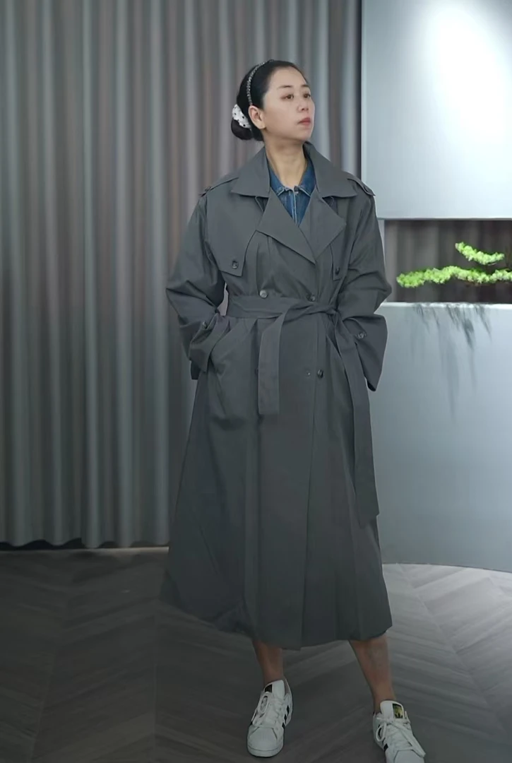 系带风衣女长款2025春秋高级气质双排扣外套英伦风大衣35501