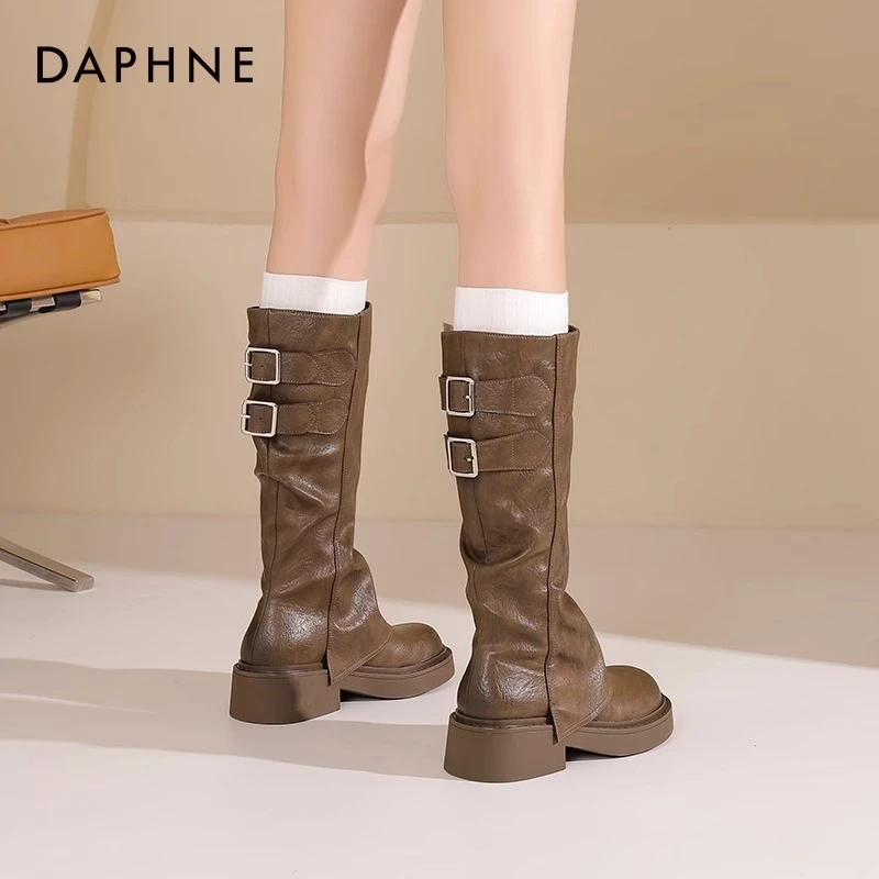达芙妮长筒堆堆靴女2025秋冬新款长靴褶皱裤管靴子女西部骑士靴