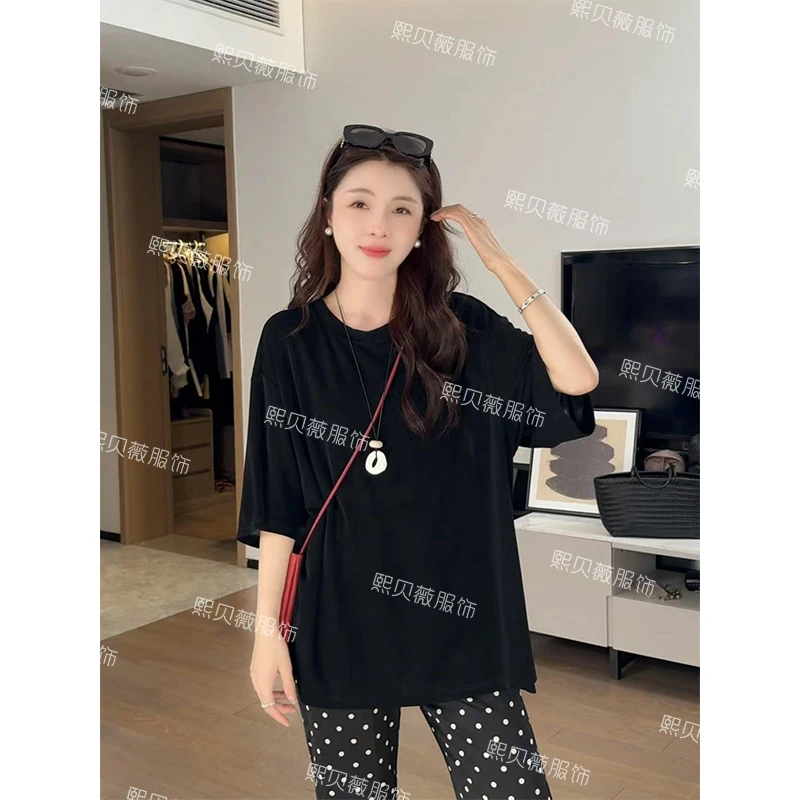 熙贝薇5 欧货醋酸圆领侧开叉夏季新款百搭显瘦短袖t恤 G5053