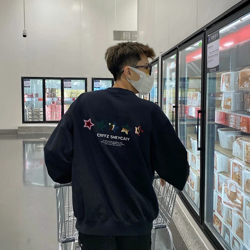 美式hiphop街头复古圆领卫衣男秋冬季星星字母印花百搭套头上衣潮