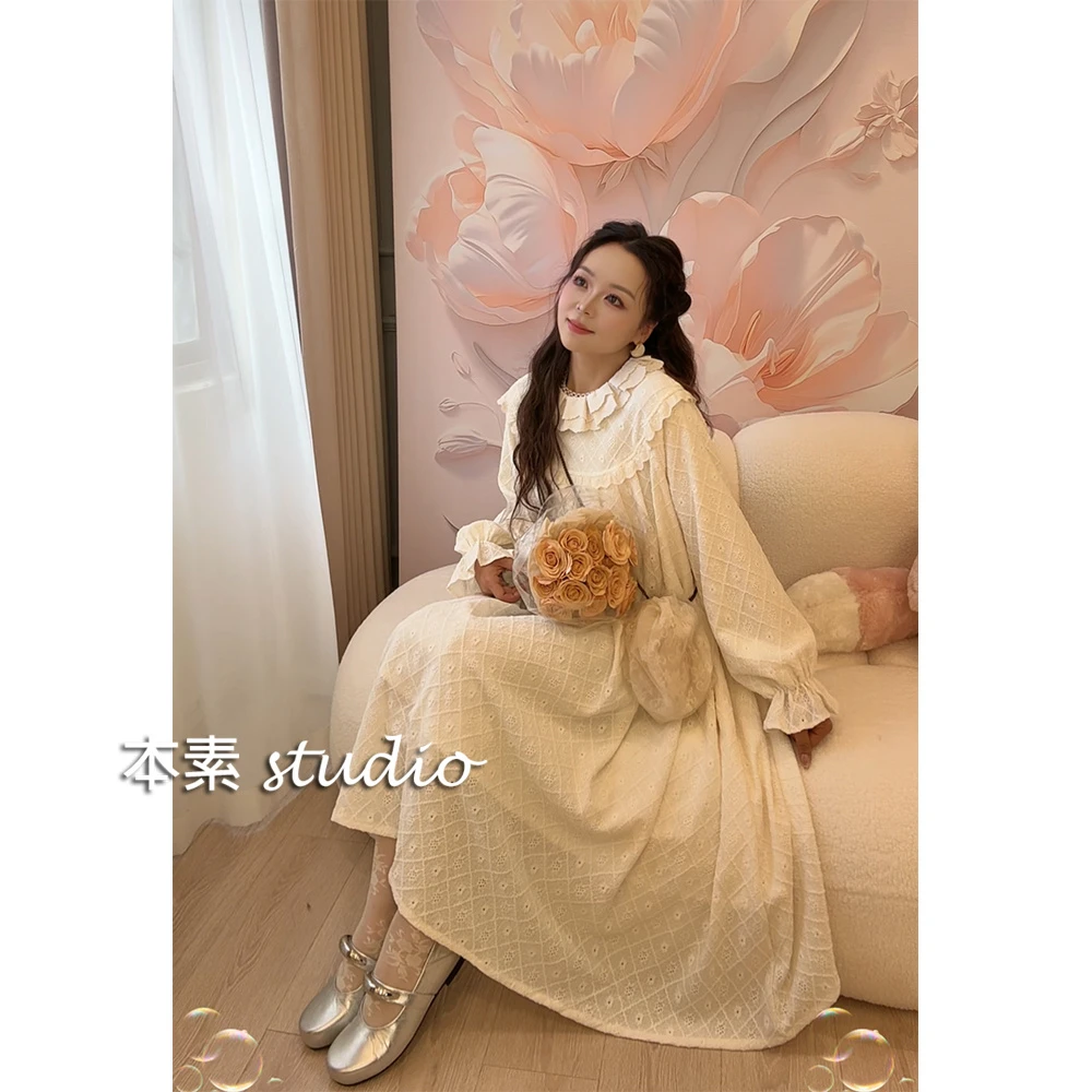 糖霜华夫C3263菱格提花蕾丝边双层娃娃领连衣裙