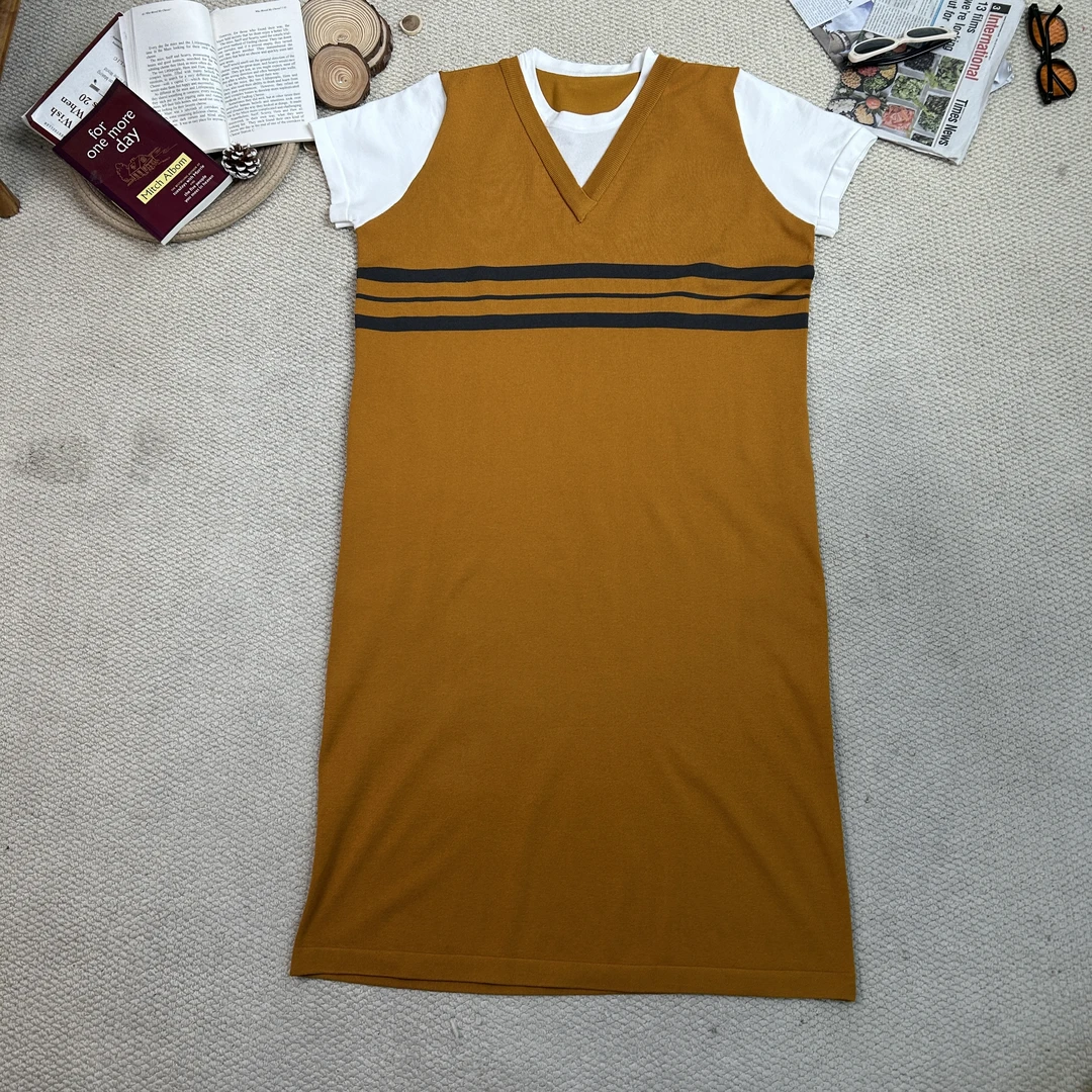 2025春季新款休闲条纹针织假两件短袖连衣裙0720