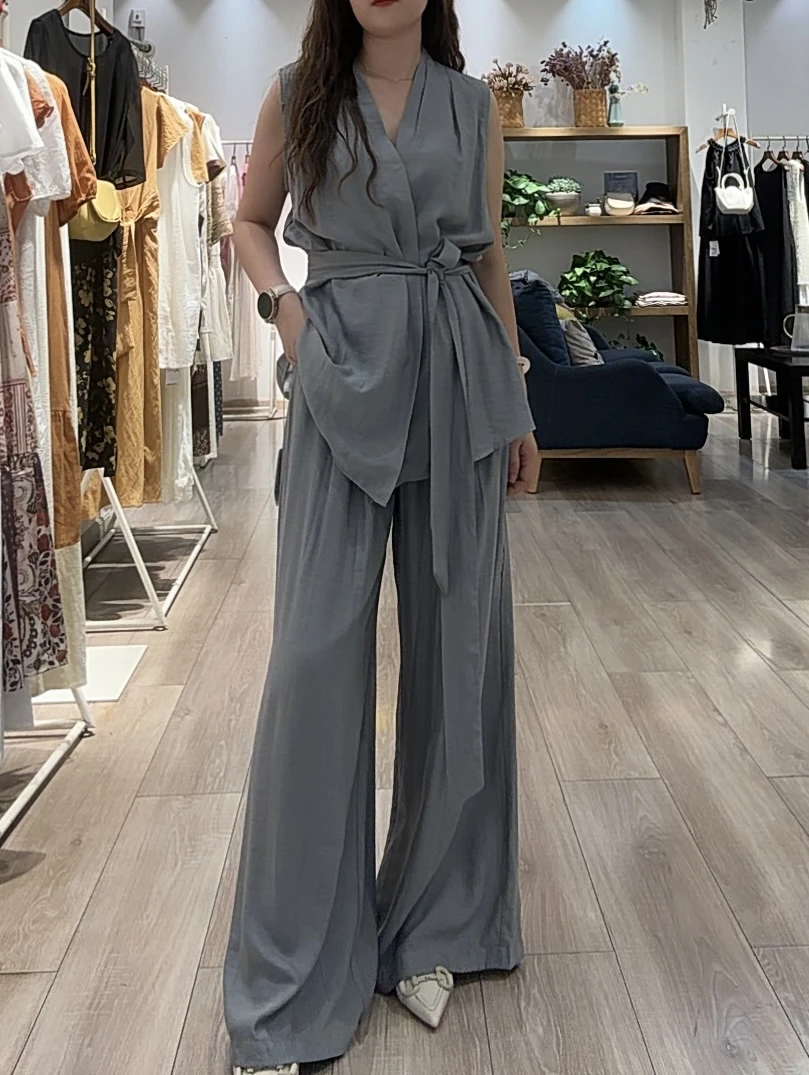 高级感时尚系带收腰上衣搭配阔腿裤夏季女套装