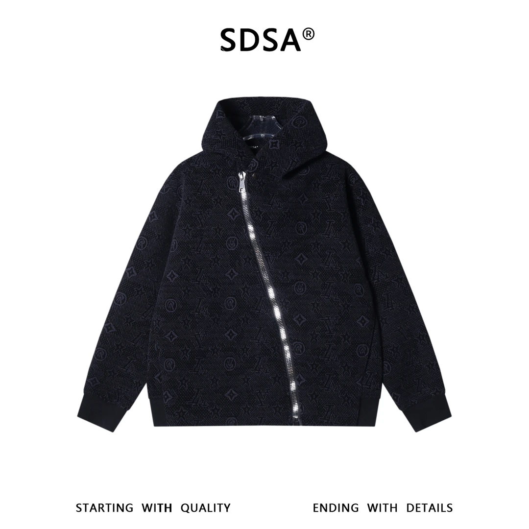SDSA男士秋冬新款痞帅男装简约时尚绒毛图案提花斜拉链连帽卫衣