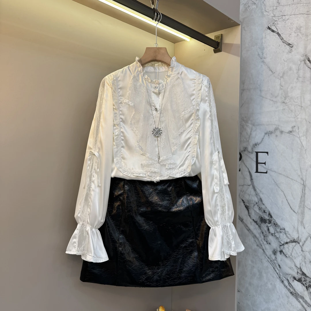 2025秋冬欧货设计感复古时髦高级轻熟气质衬衫+皮裙显瘦套装9176