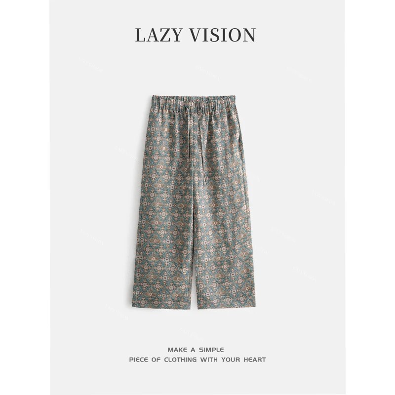 LAZYVISION+亚麻阔腿直筒提花女士休闲裤ZMD-30387
