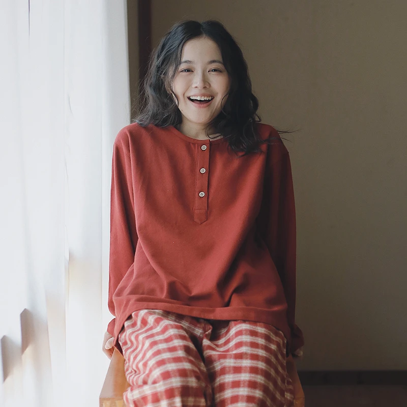 【段姐家居服】全棉磨毛红色圆领套头秋冬长袖女款睡衣套装简约