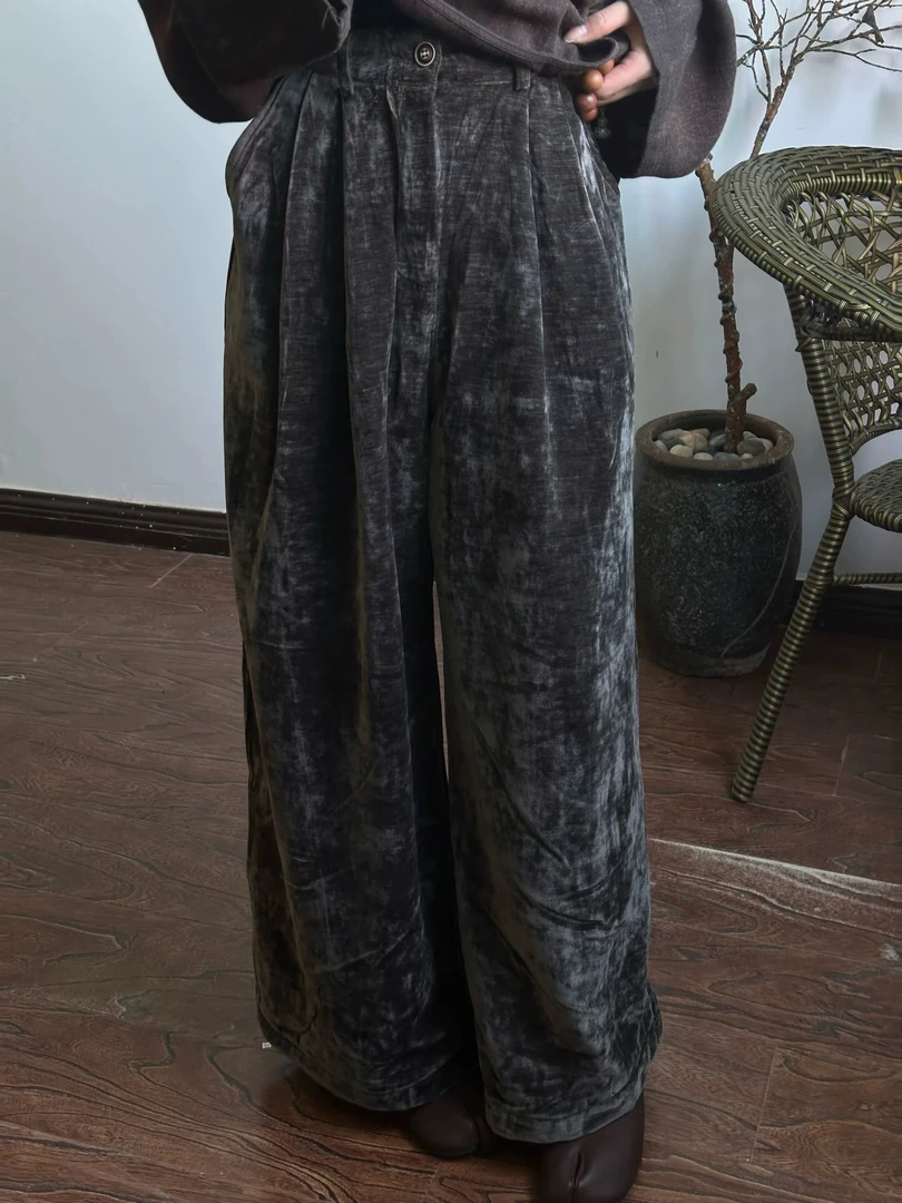 欧货金丝绒设计休闲阔腿裤10133