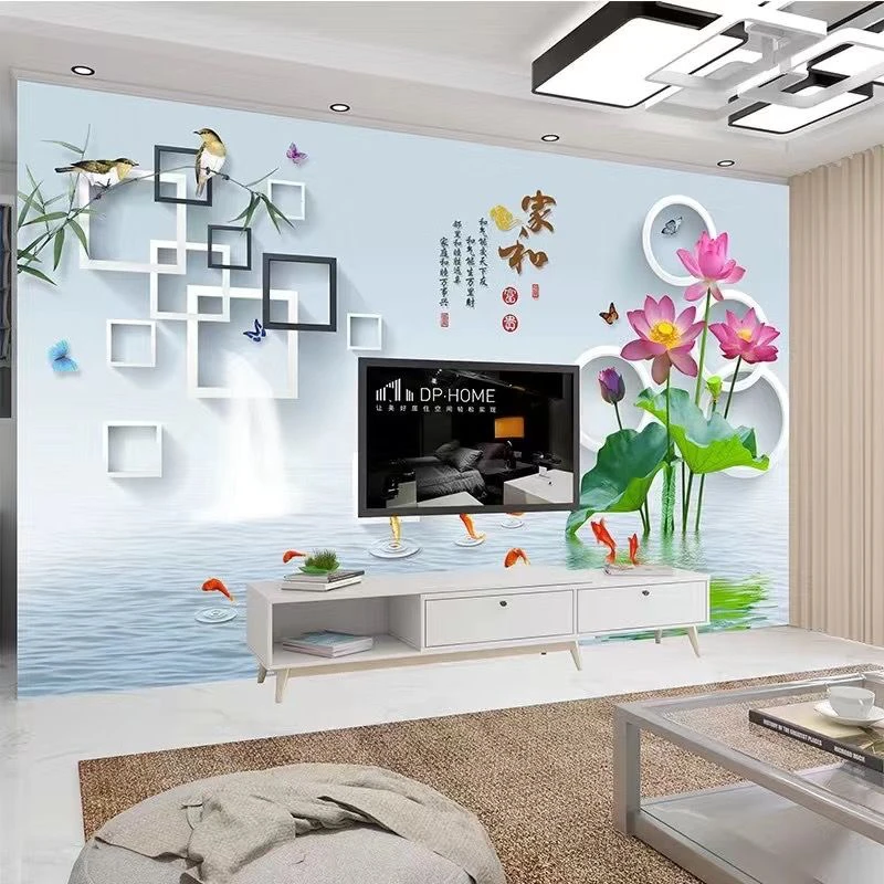 现代简约家和富贵荷花8d立体浮雕电视背景墙壁画客厅壁布