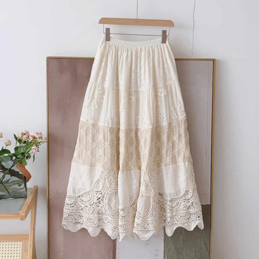 熊姑娘日系森女甜美棉布大裙摆半身裙刺绣镂空立体花裙子0659556