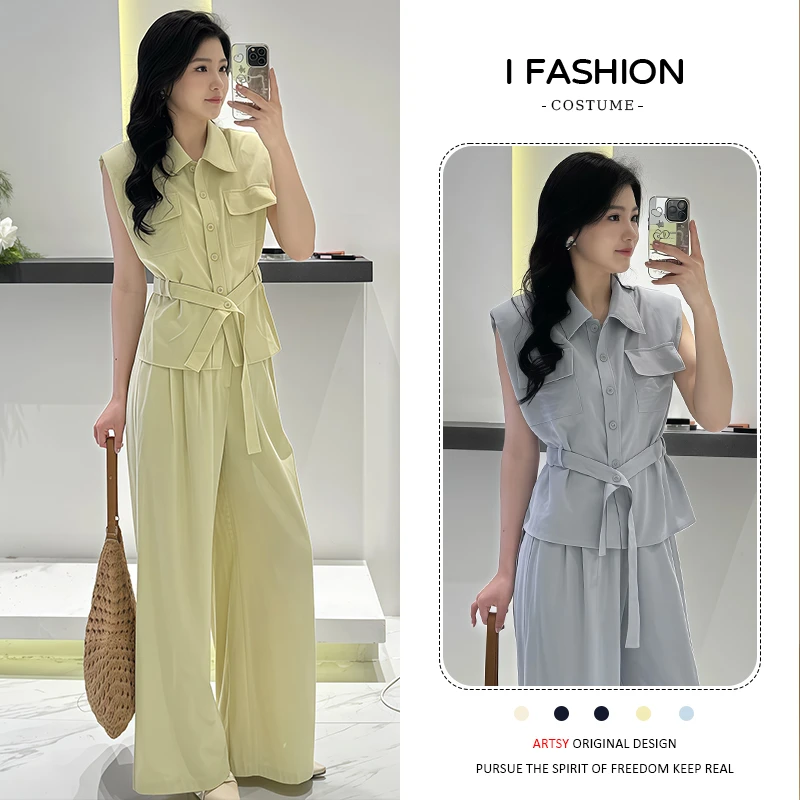 时尚气质套装女2025夏季新款休闲设计感无袖衬衫高腰阔腿裤两件套