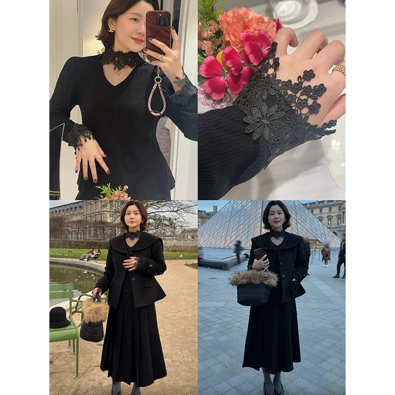 【DIS 定制】【心动攻略】法式挂脖蕾丝针织衫V领打底上衣Z525Y19485