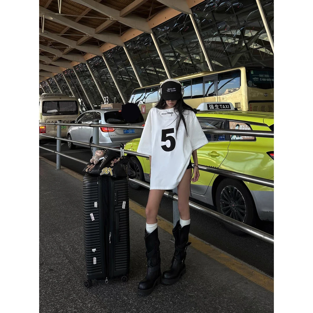 HandSeven夏季韩系白色设计感印花圆领宽松百搭小众休闲上衣ins