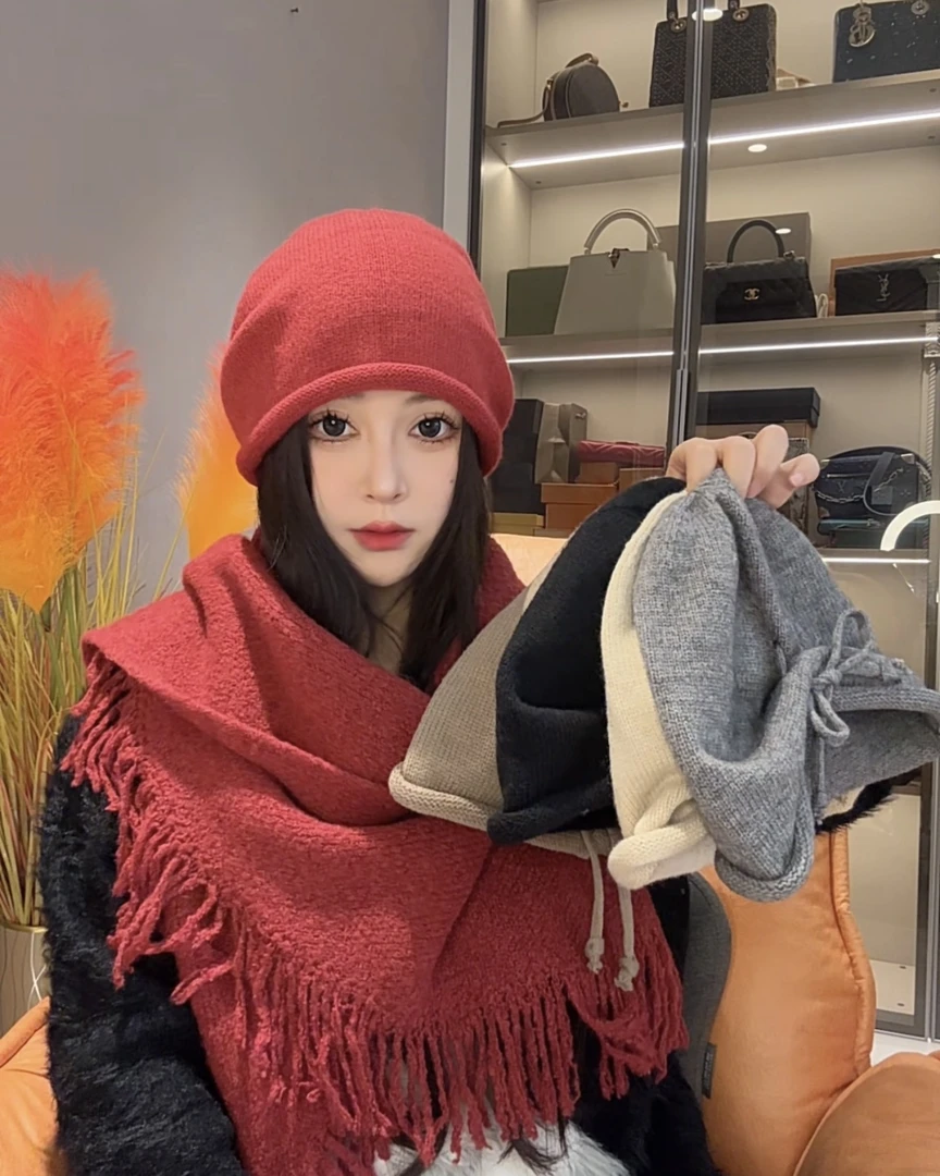 日系-加绒加厚简约针织俏皮抽绳堆堆帽女秋冬加厚保暖休闲包头