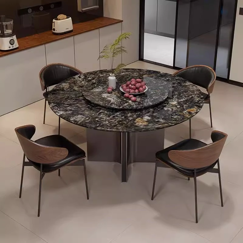 【铂金钻】天然奢石餐桌家用圆桌轻奢进口高端奢石带转盘饭桌椅组合