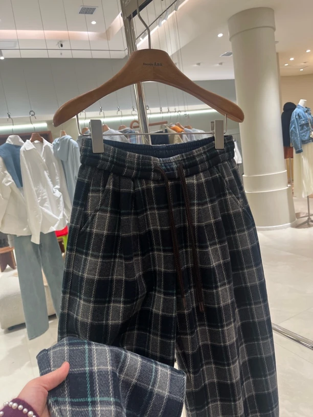 复古格纹休闲裤女宽松直筒阔腿裤加绒加厚秋冬新款