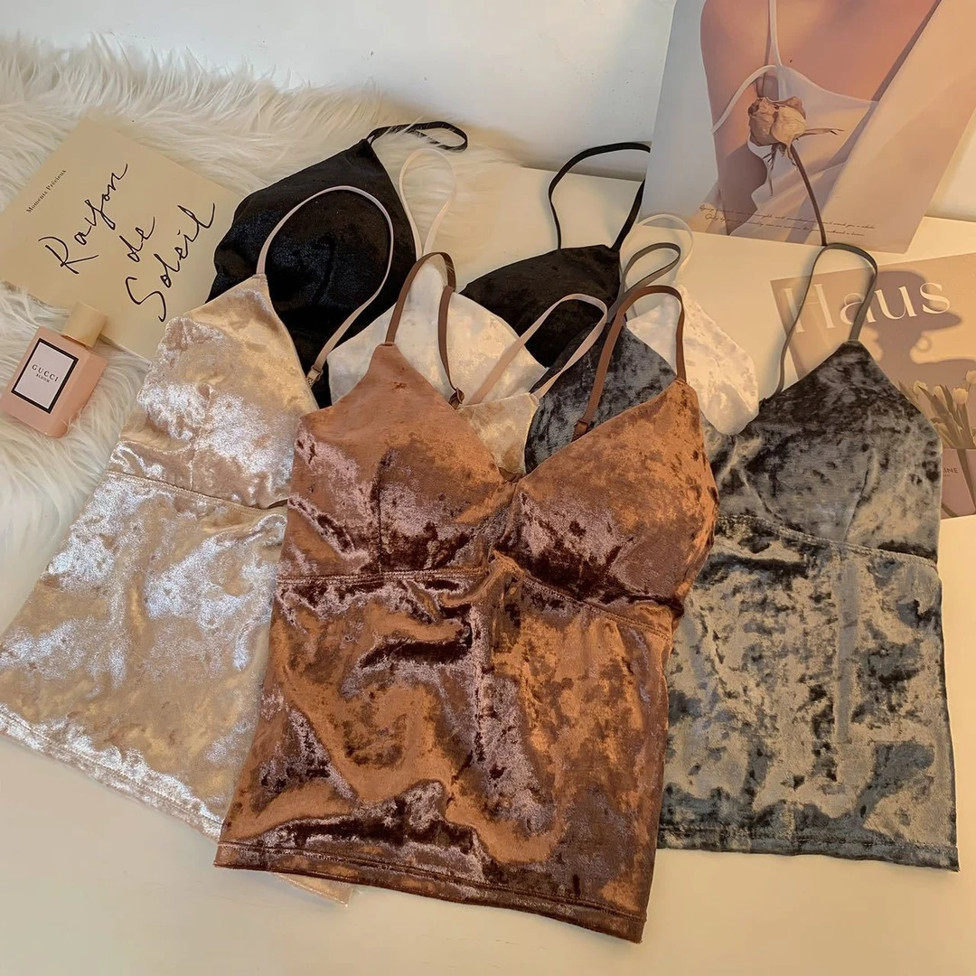 金丝绒加厚磨毛吊带背心秋冬固定杯一体内衣小香风性感保暖内衣女