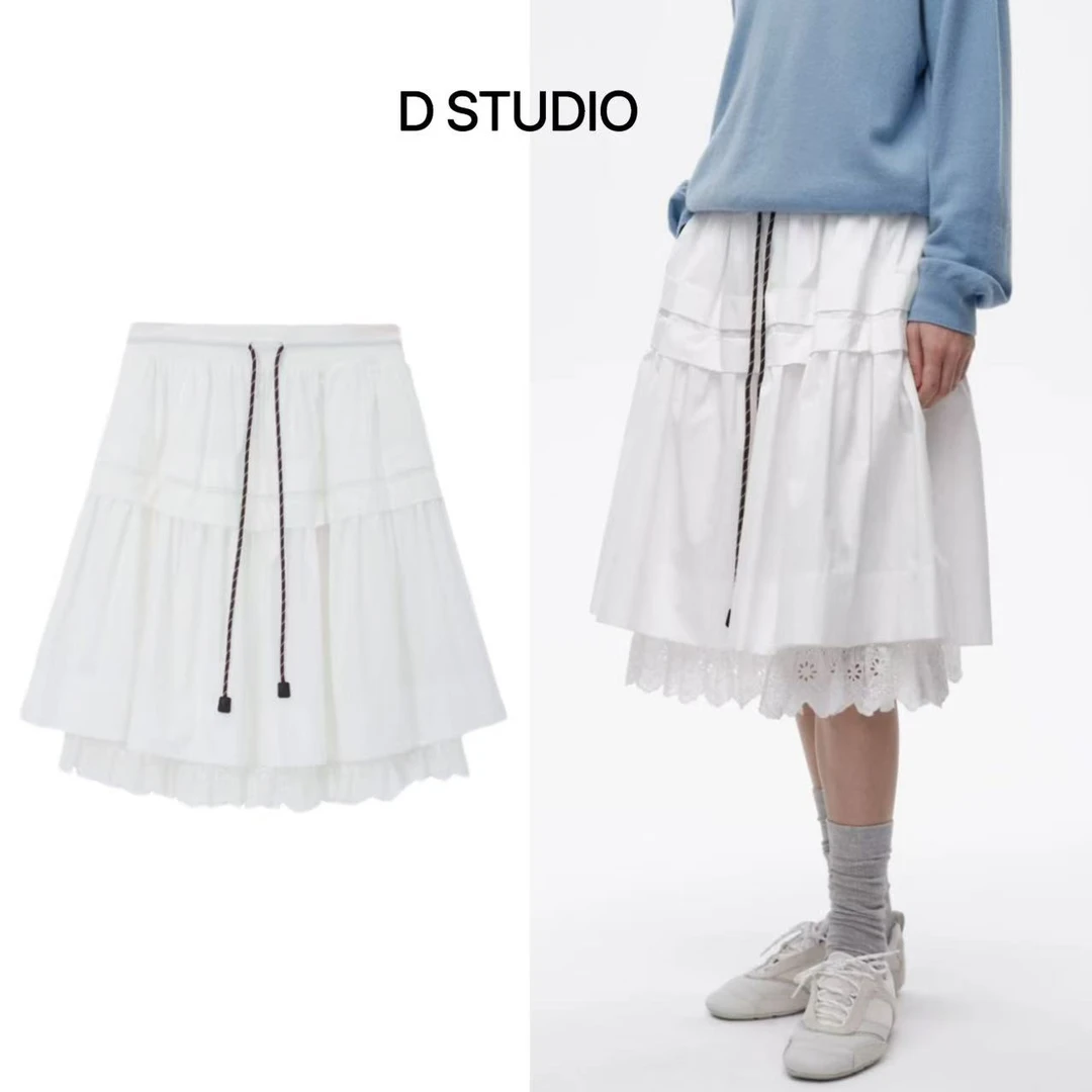 D STUDIO 双层重工抽绳白色半裙 D2148