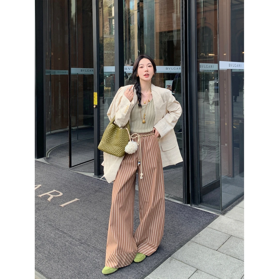 区区欧阳 条纹休闲裤女春季直筒阔腿裤高腰拖地长裤宽松复古裤子