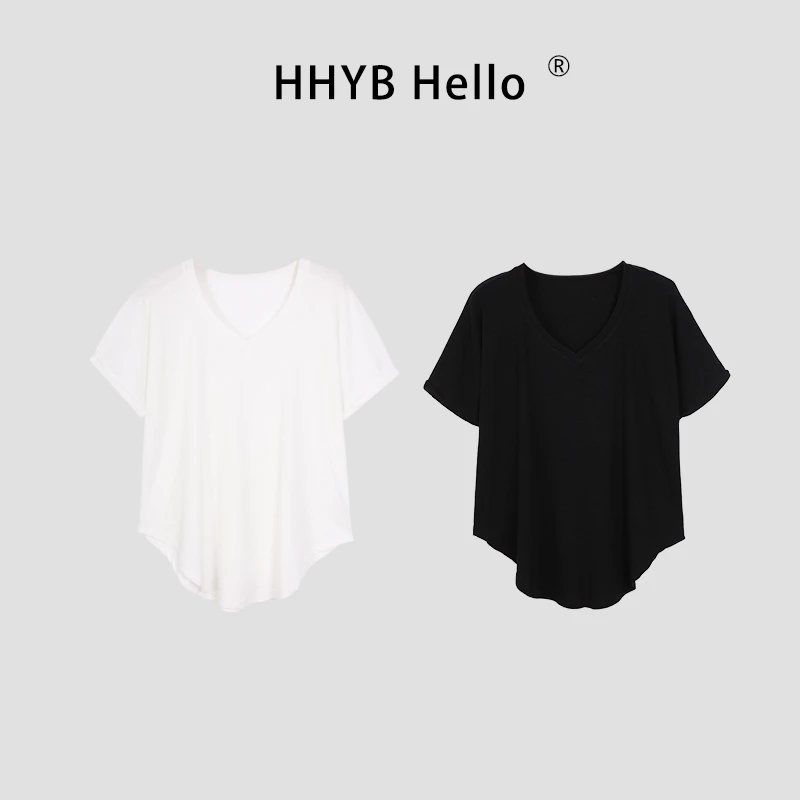 HHYB Hello竹节螺纹坑条V领宽松短袖T恤2025新款不规则上衣250185