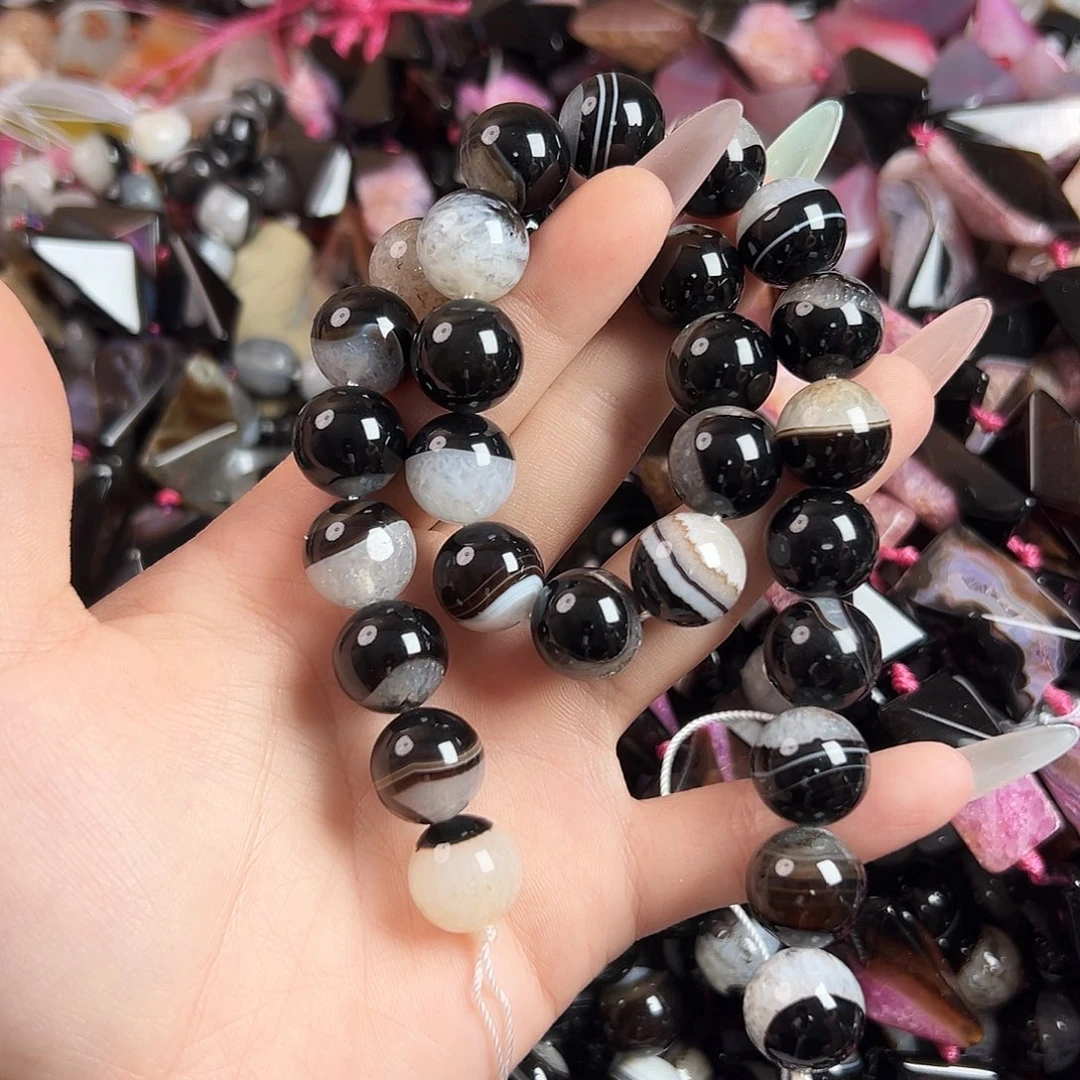 未镶嵌玛瑙/玉髓珠宝半成品A427 14mm天然黑白水晶玛瑙共生圆珠