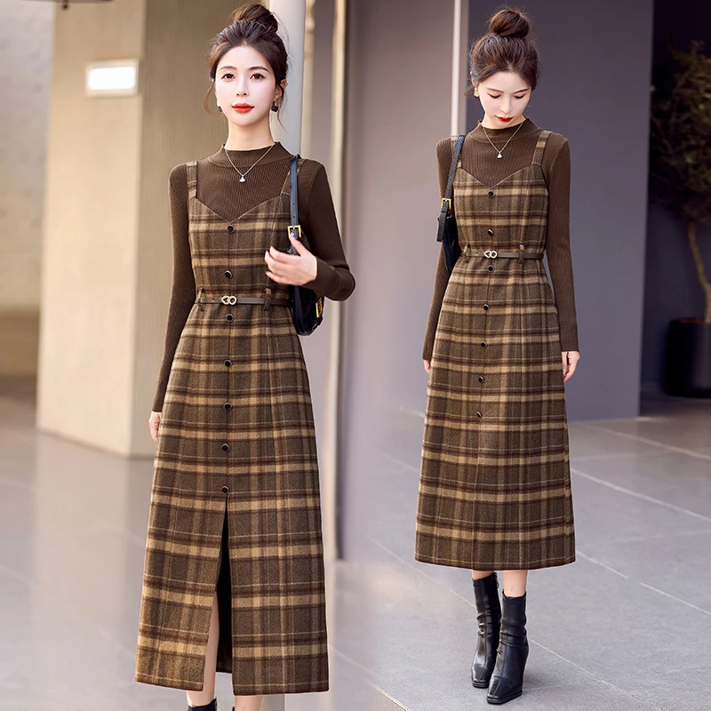 毛呢背带连衣裙女两件套女2025春秋新款气质修身显瘦加厚打底长裙