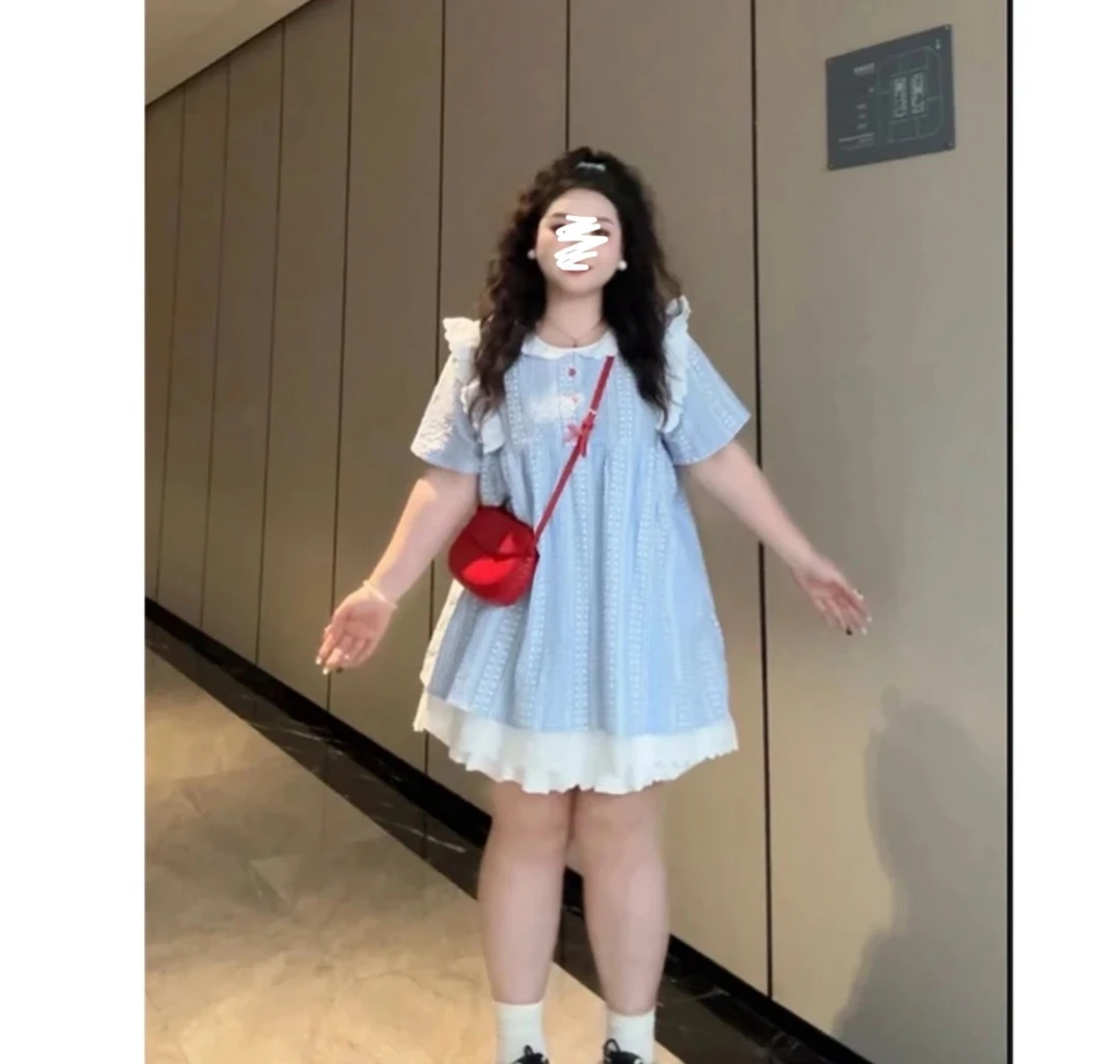 小飞袖清新蓝色格子娃娃领宽松显瘦裙夏季可爱遮肉蝴蝶结上衣套装