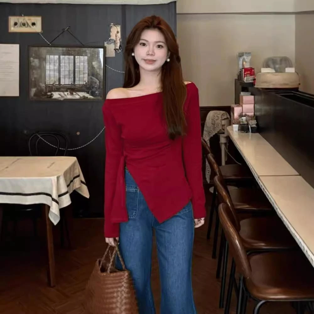 纯欲一字肩打底衫女春夏修身显瘦内搭不规则下摆打底长袖T恤上衣