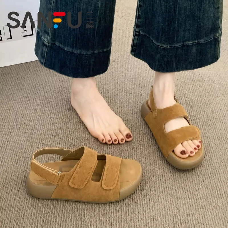 三福魔术贴厚底勃肯凉鞋女夏外穿2025新款百搭休闲运动沙滩罗马鞋