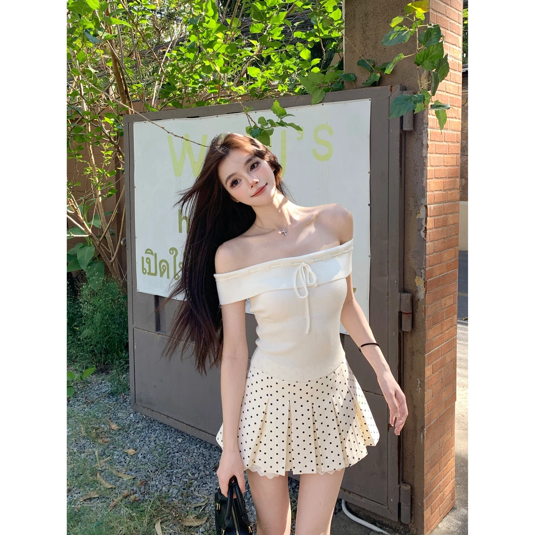 画解WAHJU【春日雏菊】显瘦一字肩修身掐腰上衣辣妹百褶半裙9110W