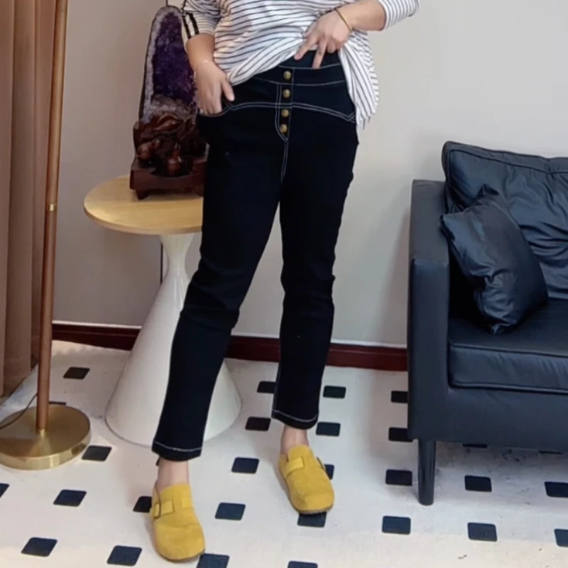 九分裤女款爆款2025新款冬加绒百搭显瘦超大弹力九分黑色烟筒裤