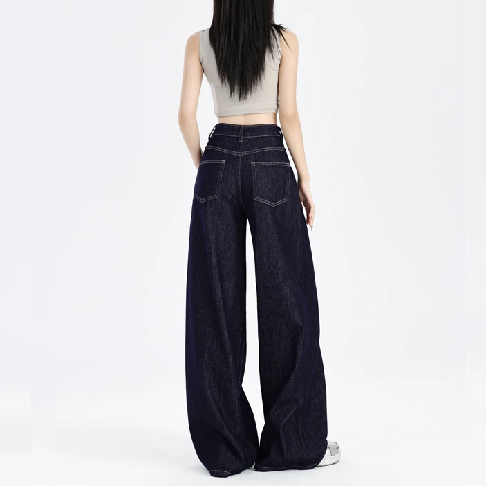 秋冬深蓝色美式阔腿牛仔裤女高腰显瘦小个子直筒裤