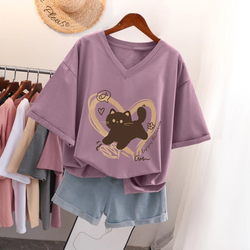 美式复古短袖t恤女夏季设计感小众纯棉宽松显瘦大码遮肚V领上衣服