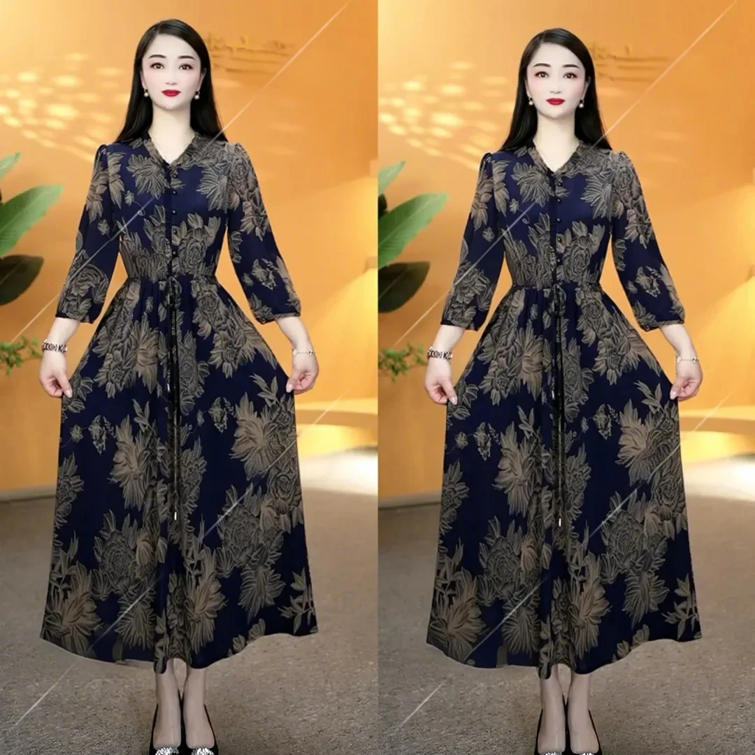D061气质花边领丝光弹力缎面系带连衣裙花边领优雅妈妈装连衣裙款