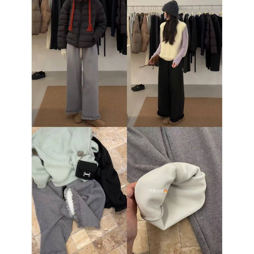 551040#【慵懒感拉满！】韩系松紧腰抽绳下摆花边加绒厚款休闲裤