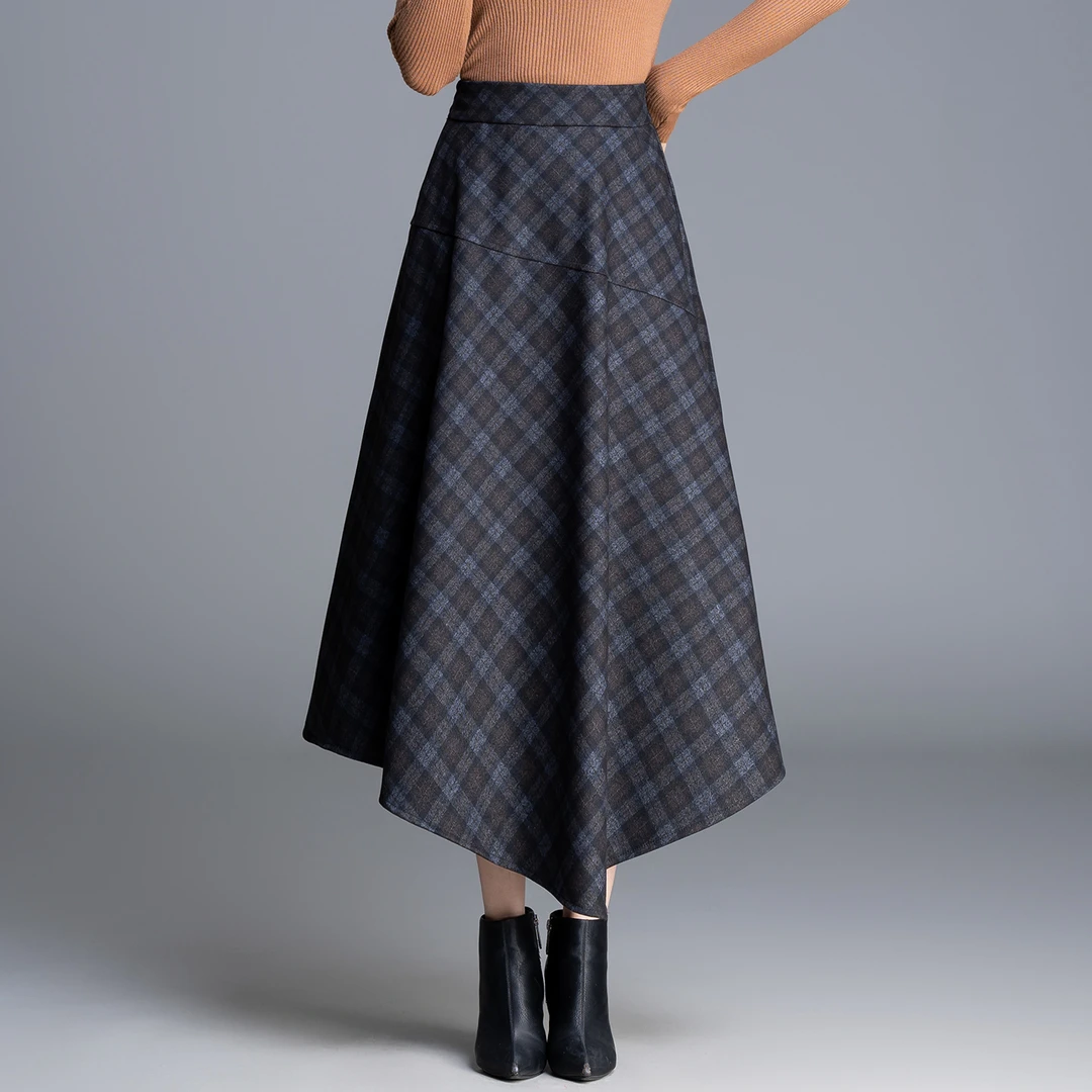 毛呢格纹半身裙女2025秋冬松紧高腰a字裙中长款百搭显瘦伞裙91123