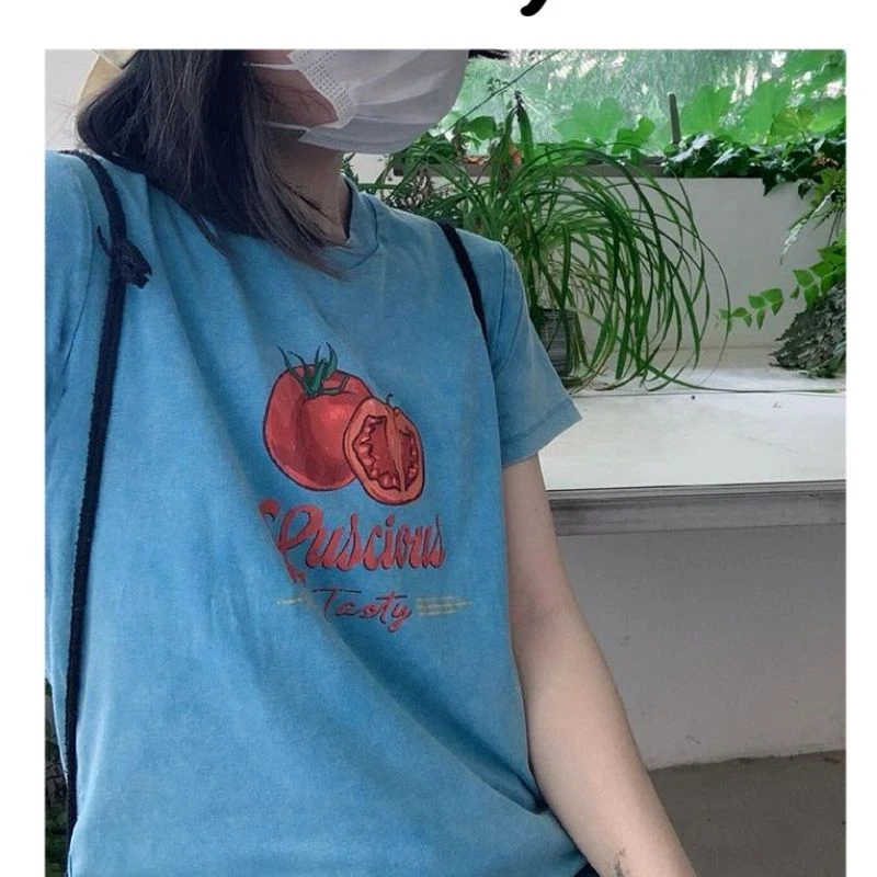 【番茄T恤】H韩系重工砂洗做旧圆领短袖T恤百搭显瘦短袖上衣具显