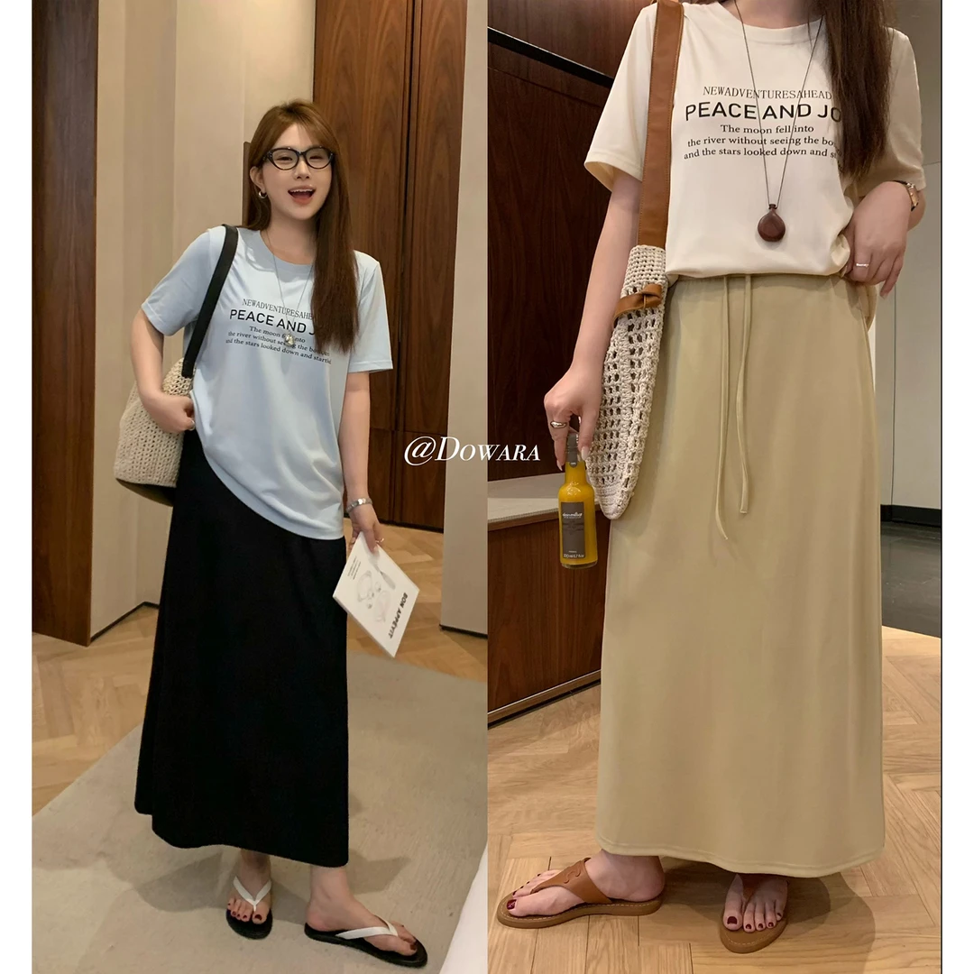 现货大婉酱微胖定制【奶皮裙】抽绳腰随性半裙女休闲直筒长裙 9215D