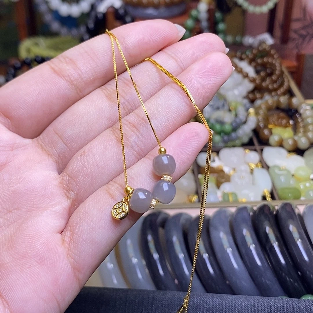 和田玉未镶嵌颈饰烟紫套链银