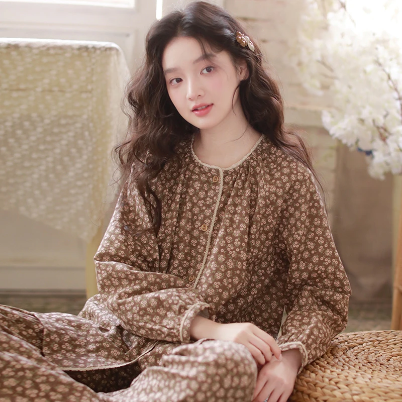 2025新款甜美碎花纯棉睡衣春秋款女长袖可外穿圆领大码家居服套装