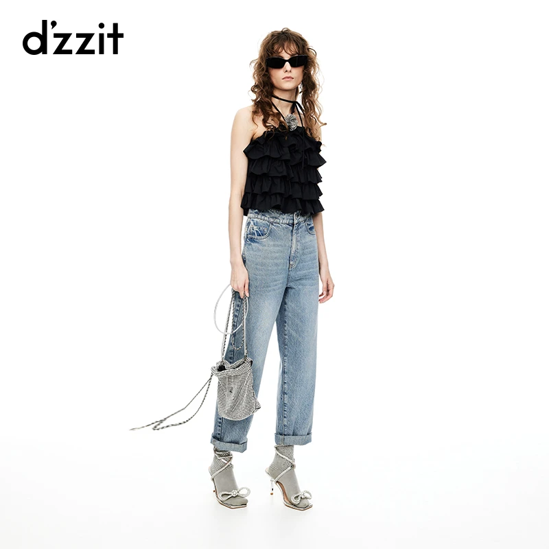 395【专属】dzzit地素衬衫春秋浪漫法式钻饰胸针设计荷叶边小上衣女