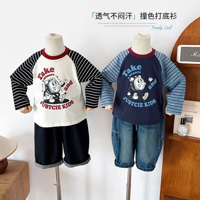 巴拉2025秋冬新款童装儿童潮流韩版拼接插肩袖T恤男女童实用百