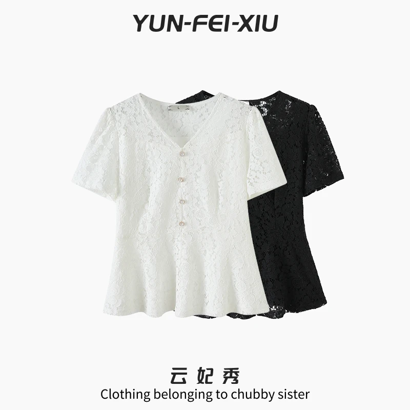 云妃秀大码女装T恤蕾丝简约时尚休闲宽松显瘦胖妹妹短袖夏季68507