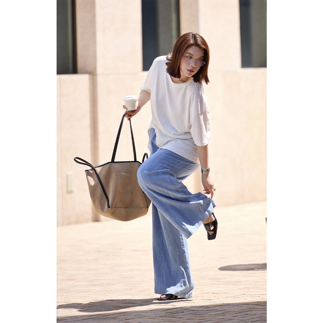 PLUSMALL 招牌天裤 休闲舒适感炒色工艺麻直筒裤PLUS2505052